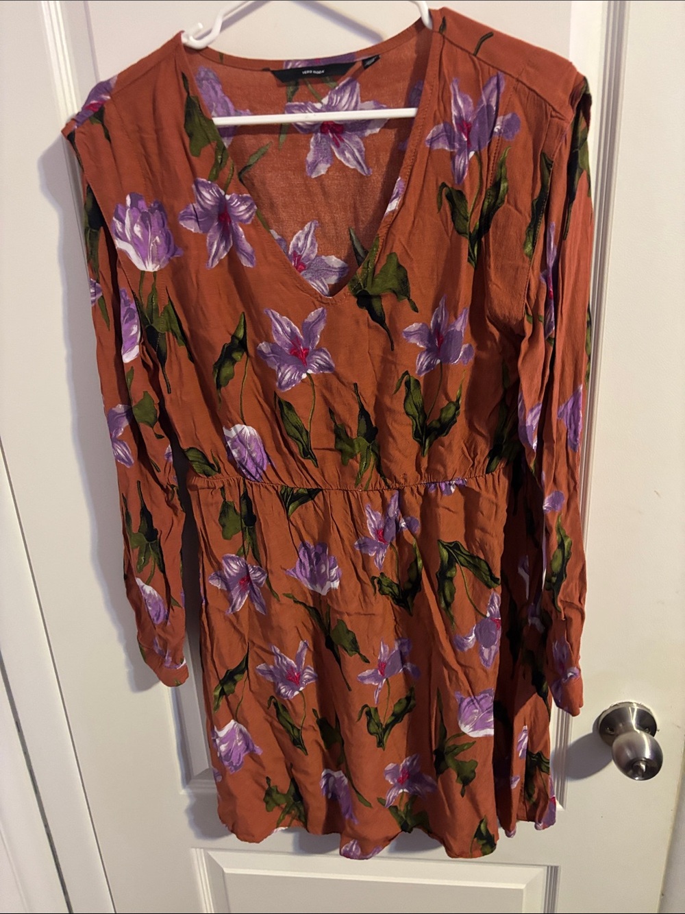 Vero Moda Rust Long Sleeve Floral V-Neck Dress with Purple Flowers
